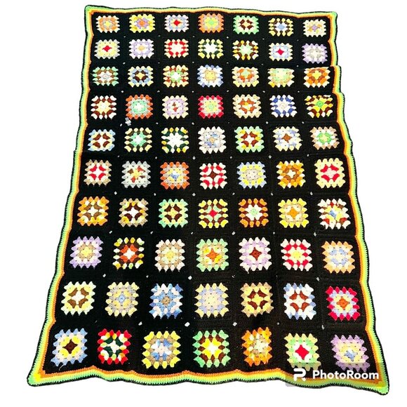 Granny Square Vintage Afghan Black Pink Green Spring Patch Roseanne 51x77